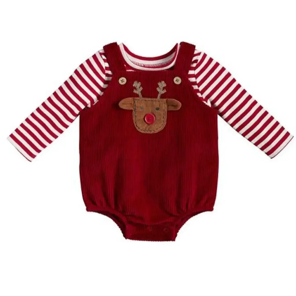 Mudpie Baby Red Reindeer Corduroy Bubble Set Size 6-9 M